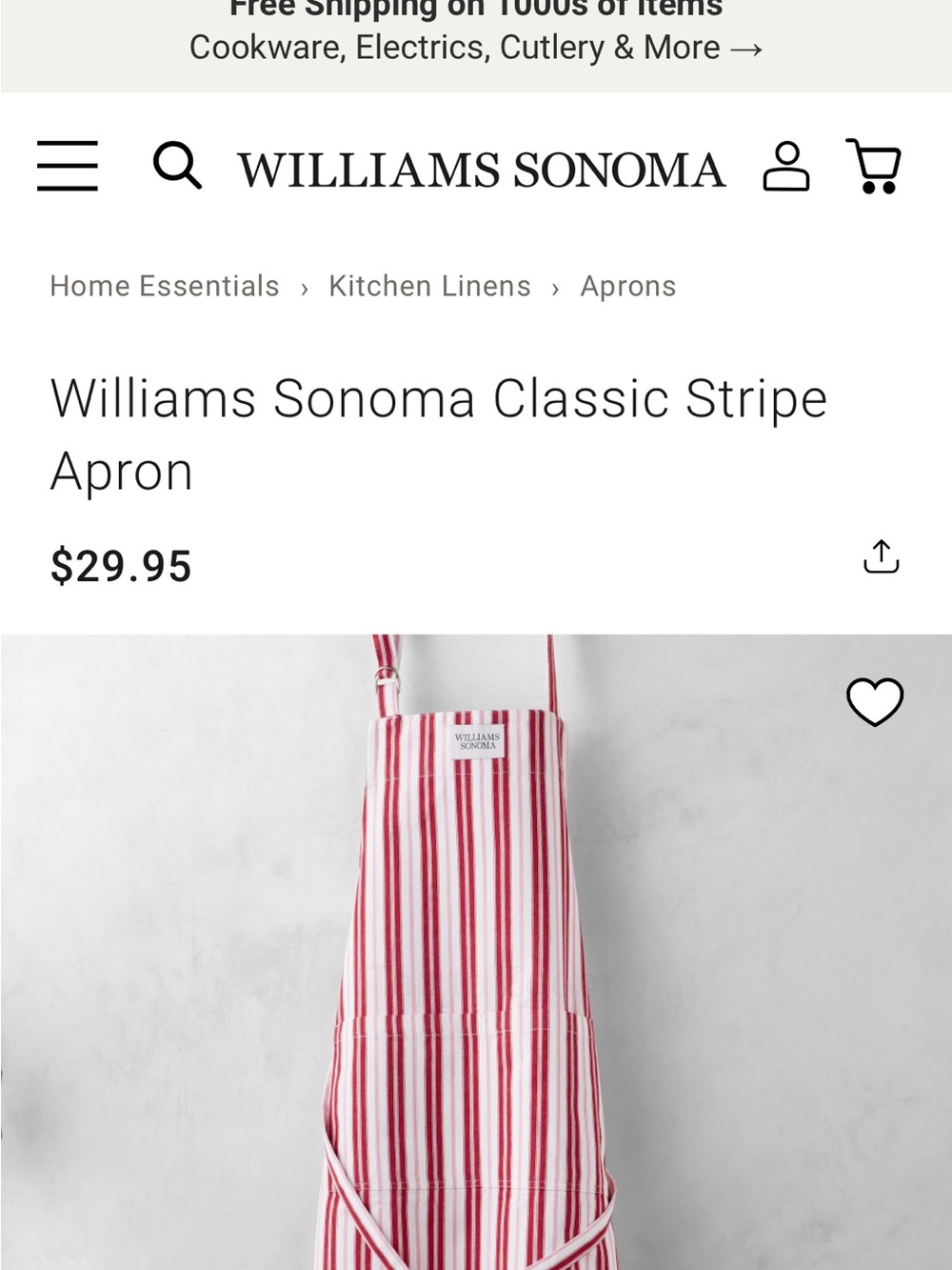 Williams Sonoma Red and White Striped Cotton Apron